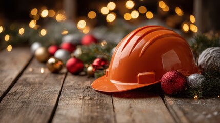 Naklejka premium An orange hard hat surrounded by holiday decor on weathered wooden planks.