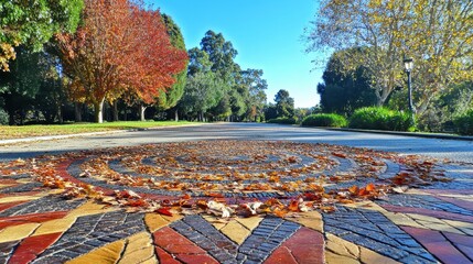 Intricate circular pattern of fallen autumn leaves on a paved walkway with trees and blue sky in the background