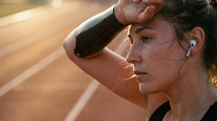 Close up of female runner with prosthetic arm wiping sweat on sunny track. Represents resilience and adaptive sports. Perfect for fitness, technology and inclusivity concepts.
