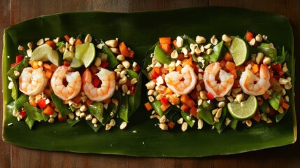 Pad Thai with shrimp peanuts and vegetables served on a leaf