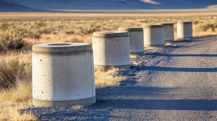Naklejka premium Concrete Anti Tank Obstacles on a Road in a Rural Landscape