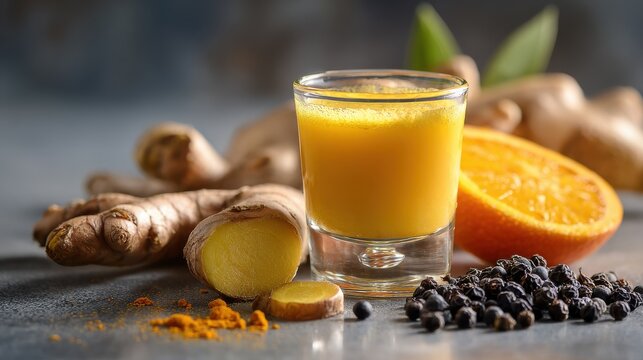 Ginger shot with fresh ginger root, orange, turmeric, and black peppercorns on a grey background, promoting health and immunity.