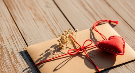 A gift envelope, tied with a red rope and decorated with dried flowers and a heart, lies on a wooden surface. 