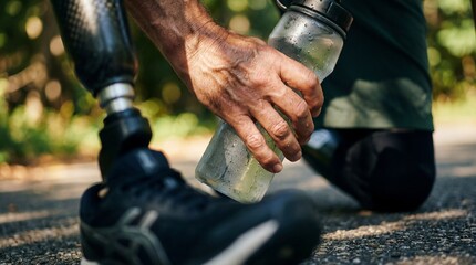 Close up of male athlete with prosthetic leg holding water bottle. Scene depicts rest during workout in park, symbolizing resilience. Perfect for disability sport and fitness themes.