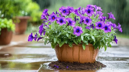 Petunia flowers blooming in a terracotta pot near water