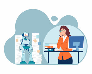 Woman working alongside a robot at a desk with documents and technology