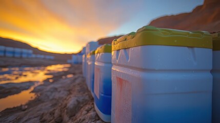 Plastic Jerrycans Filled with Water on the Beach at Sunset