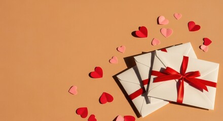 Gift envelopes with red ribbon and decorative hearts on background  
