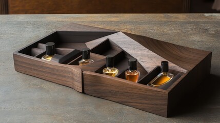 Perfumes displayed on a dark wooden shelf in a modern setting