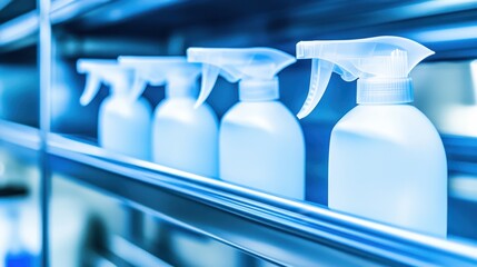 Rows of clear plastic spray bottles with fine mist nozzles arranged on a shelf