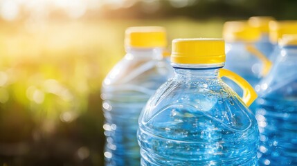 Rows of durable plastic water bottles with yellow caps glistening in bright outdoor sunlight