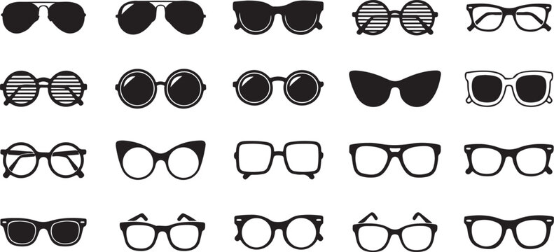 Sunglass silhouette icon set. Men glasses. Sun glasses hipster frame set, fashion black plastic rims. Vector illustration.
