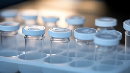 Rows of small clear plastic vials with snap on caps filled with scientific samples and medical solutions sit in a laboratory rack