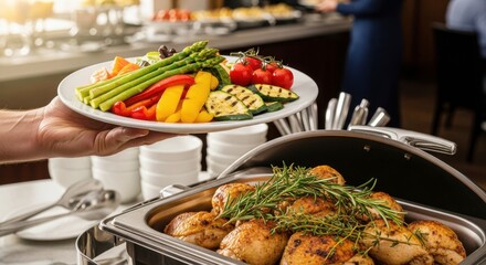 Hand serving plate with grilled vegetables and chicken at buffet  