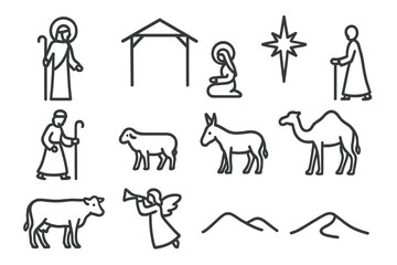Fototapeta premium Nativity Scene Icons. Christmas nativity scene silhouette. Line outline icon set of Christmas nativity scene