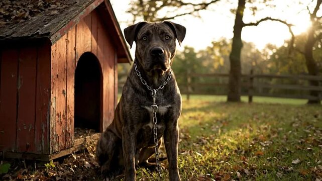 Powerful Cane Corso Dog with Brindle Coat Sits Proudly Beside Wooden Dog House in Sunny Outdoor Setting