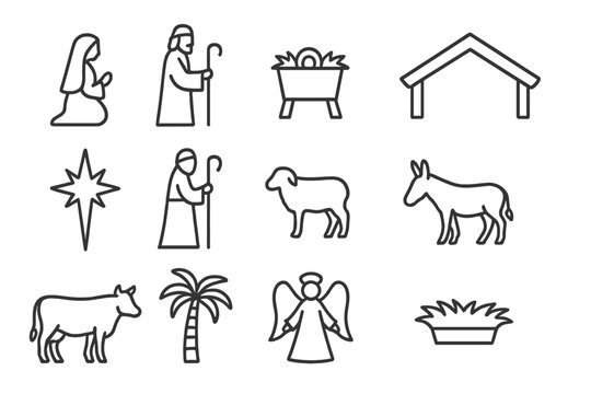 Nativity Silhouette Icons. Christmas nativity scene silhouette. Line outline icon set of Christmas nativity