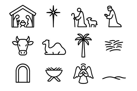 Nativity Silhouette Icons. Christmas nativity scene silhouette. Line outline icon set of Christmas nativity