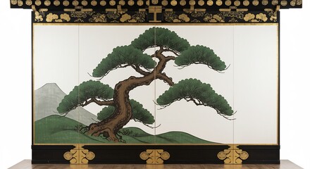 金と黒の豪華な装飾が美しい日本の伝統的な屏風に力強く描かれた鮮やかな松の木和の美学が光る背景の山々. AI Generated
