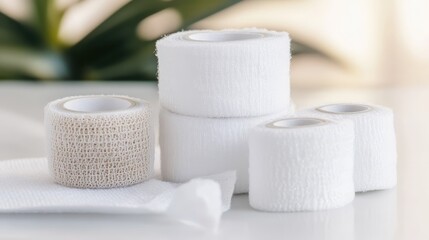 Several rolls of sterile medical bandages in white wrapping are arranged for first aid and wound care