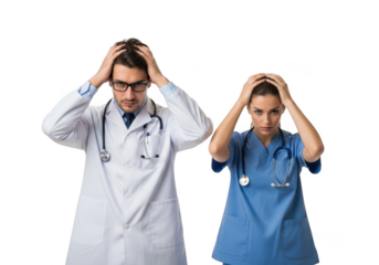 Two stressed medical professionals holding their heads isolated on transparent background