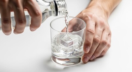 Hands pouring water into glass with ice cube on white background  