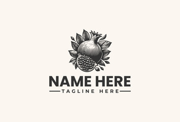 A monochromatic illustration of a logo featuring a pineapple and pomegranate surrounded by leaves, with a placeholder text 'NAME HERE' and 'TAGLINE HERE' on a beige background.