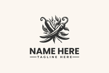 Black and white illustration of a stylized logo with a feather-like design element and sample text on a beige background.