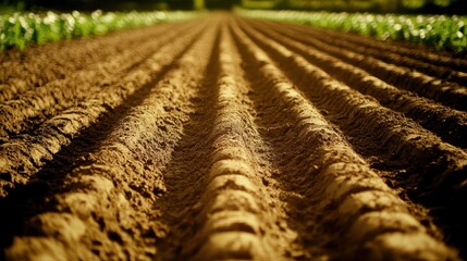 Deep deliberate furrows carved into soft soil for agriculture