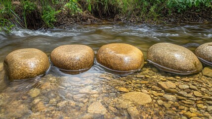 Smooth river stones forming a natural pathway across a shallow flowing stream surrounded by green vegetation