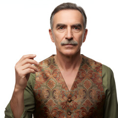 Man with distinctive facial features including a prominent nose and expressive eyebrows wearing an intricately patterned waistcoat with a subtle sheen Making a relaxed hand gesture with his fingers