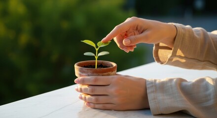Hand gently touching young plant in terracotta pot on table  