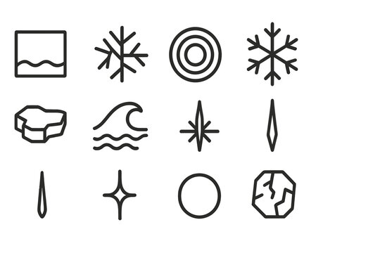 Frozen Water Icons. Frozen lake with snowy trees &ndash; Frozen Water Elements. Line outline icon set of Frozen