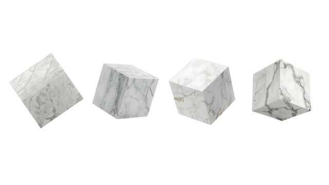 Four Floating Geometric Marble Cubes PNG Set, Ultra Realistic 4K Minimal Abstract Stone Blocks Isolated on White Background for Branding, Mockups, Modern Design, Architecture, and Commercial Stock Us
