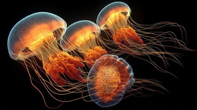 Group of translucent marine invertebrates illuminate against a deep black background