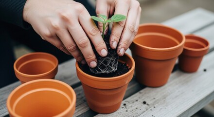 Planting seedling in terracotta pot on wooden table in garden  