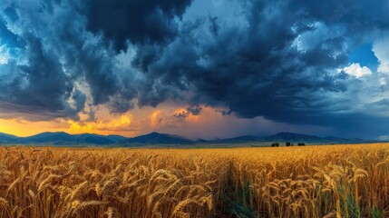 Ripening grain field stretches toward distant mountains beneath dramatic storm clouds at sunset
