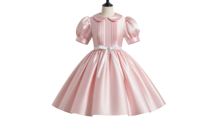 Light Pink Satin Dress Product Shot on Mannequin with Puffy Sleeves and Peter Pan Collar