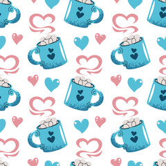 Seamless Pattern With Mug, Marshmallows And Hearts In Flat Style. Cozy Valentine's Day Hot Drink Texture For Fabric, Background, Packaging, Wallpaper And Surface Design. Sweet Comfort Concept.