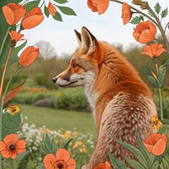 Vibrant Spring Background Inspired by Fox Fur with Tulip Floral Border