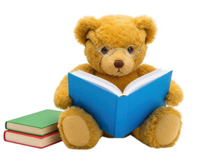 A charming teddy bear with glasses intently reading a book with stacked books
