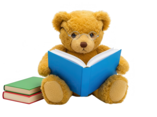 A charming teddy bear with glasses intently reading a book with stacked books