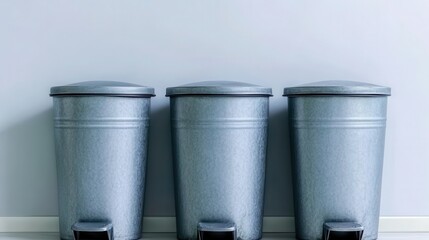 Three Grey Metal Medical Waste Bins Against White Wall