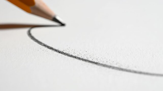 Dramatic slow motion capture of a vibrant yellow pencil creating a bold, continuous graphite curve on clean white background smooth, minimalist, textureless
