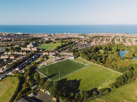 Whitley Bay Monkseaton UK: 16th Aug 2025: Whitley Bay Rockcliff RFC drone view. The coast is visible in the background