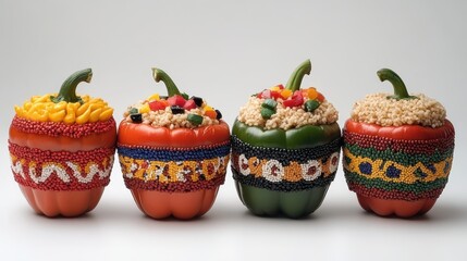 Stuffed Bell Peppers on White Background Showing Ethnic Cuisine