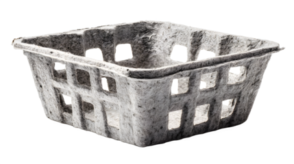 Molded pulp berry punnet basket in square shape with rough texture and grid pattern on white background for packaging solutions