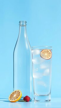 Clear glass bottle and glass of water on blue, health & beauty concept, summer thirst,  choice,  thirst