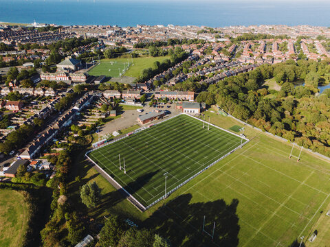 Whitley Bay Monkseaton UK: 16th Aug 2025: Whitley Bay Rockcliff RFC drone view. The coast is visible in the background