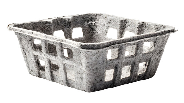 Molded pulp berry punnet basket in square shape with rough texture and grid pattern on white background for packaging solutions